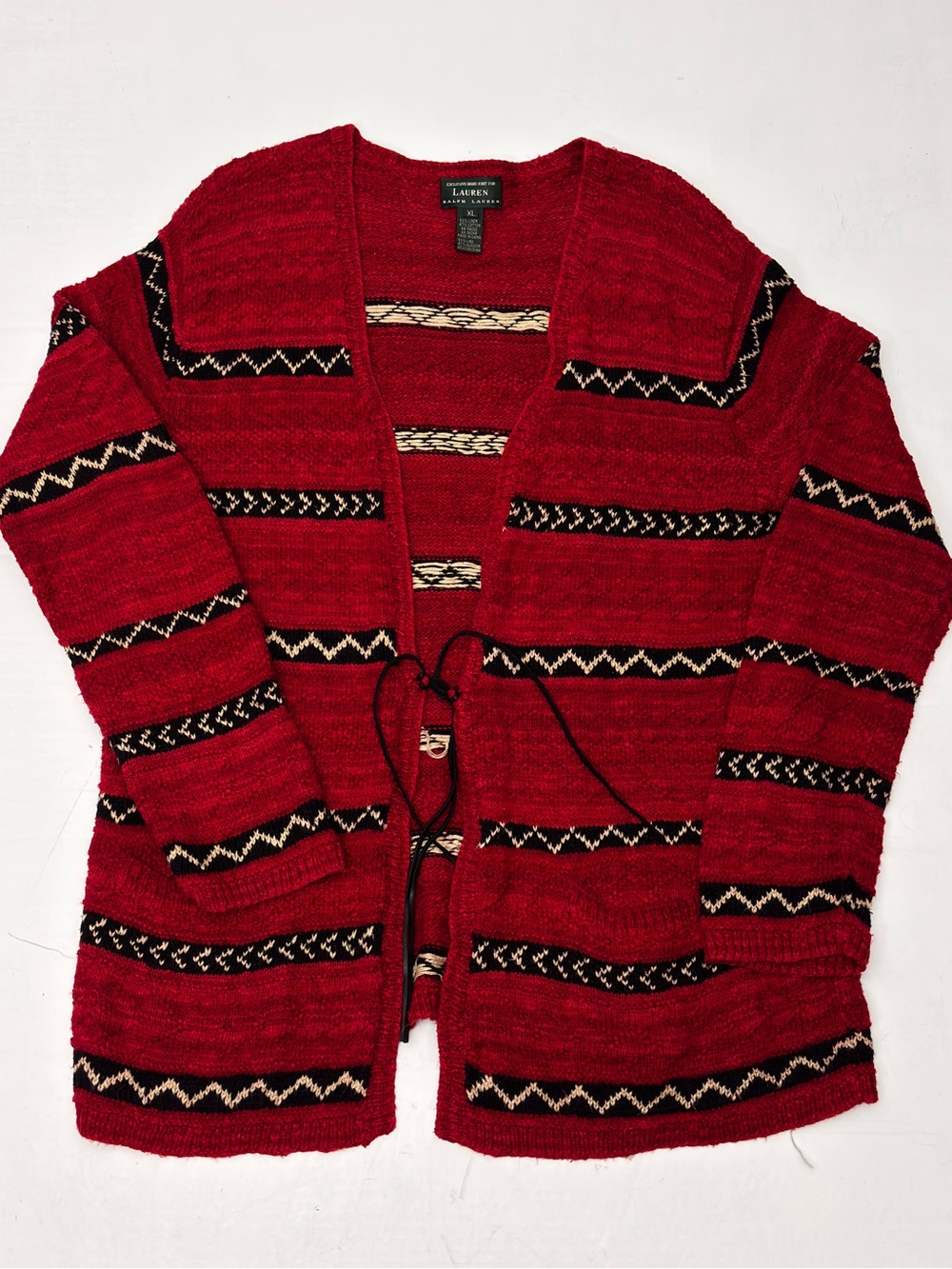Lauren Ralph Lauren Red & Black Aztec Geometric Tie Front Cardigan Sweater XL